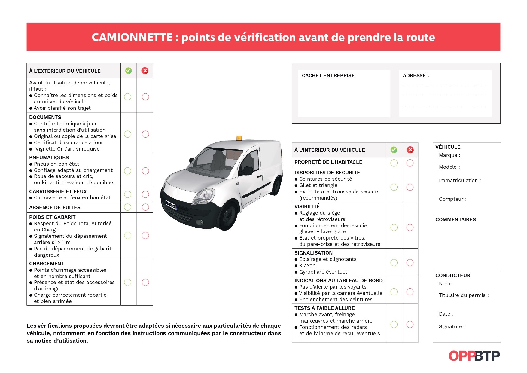 Fiche Pratique je verifie camionnette avant prendre volant OPPBTP